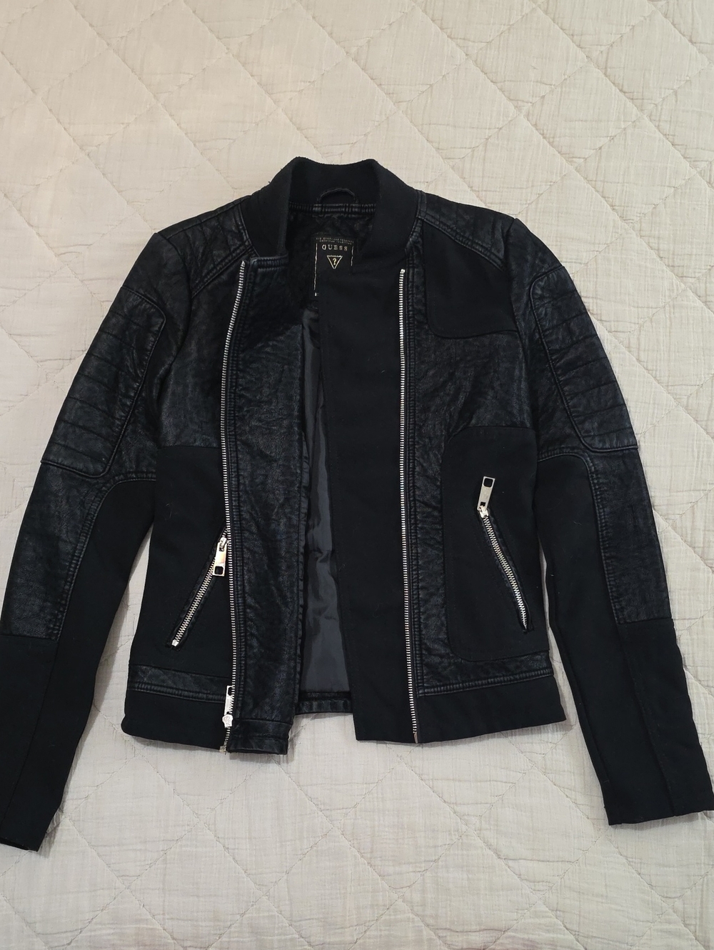 Guess Black Mixed-Material Bomber Jacket